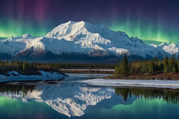 Snow-capped Denali mountain reflected in glacial lake with bald eagle and Northern Lights in Alaska wilderness.