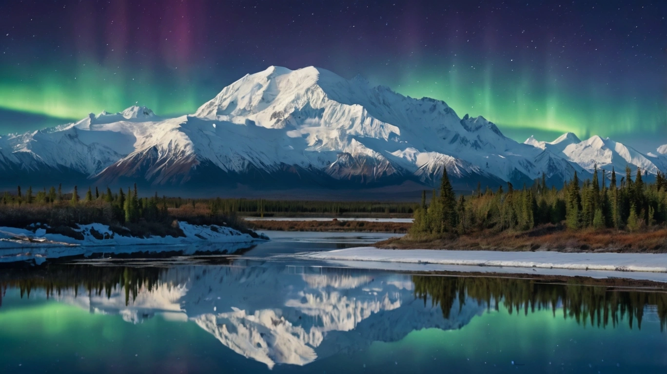 Snow-capped Denali mountain reflected in glacial lake with bald eagle and Northern Lights in Alaska wilderness.