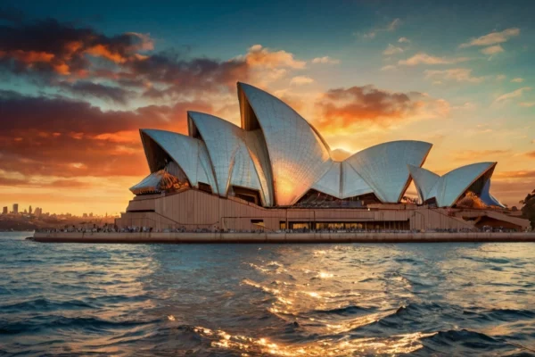 Collage of Sydney Opera House, red Outback desert, Great Barrier Reef, and surfers at Bondi Beach in Australia.