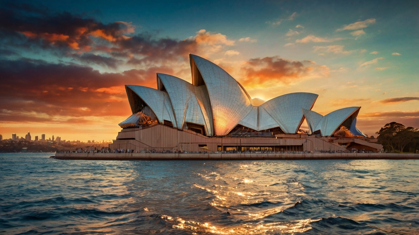 Collage of Sydney Opera House, red Outback desert, Great Barrier Reef, and surfers at Bondi Beach in Australia.