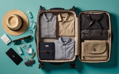 Open suitcase with 7 genius packing guide: rolled clothes, collapsible toiletries, and eco-friendly travel gear.