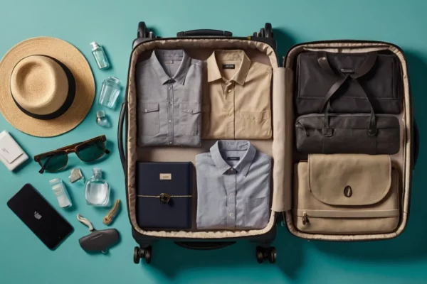 Open suitcase with 7 genius packing guide: rolled clothes, collapsible toiletries, and eco-friendly travel gear.