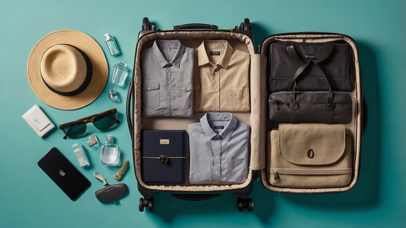 Open suitcase with 7 genius packing guide: rolled clothes, collapsible toiletries, and eco-friendly travel gear.