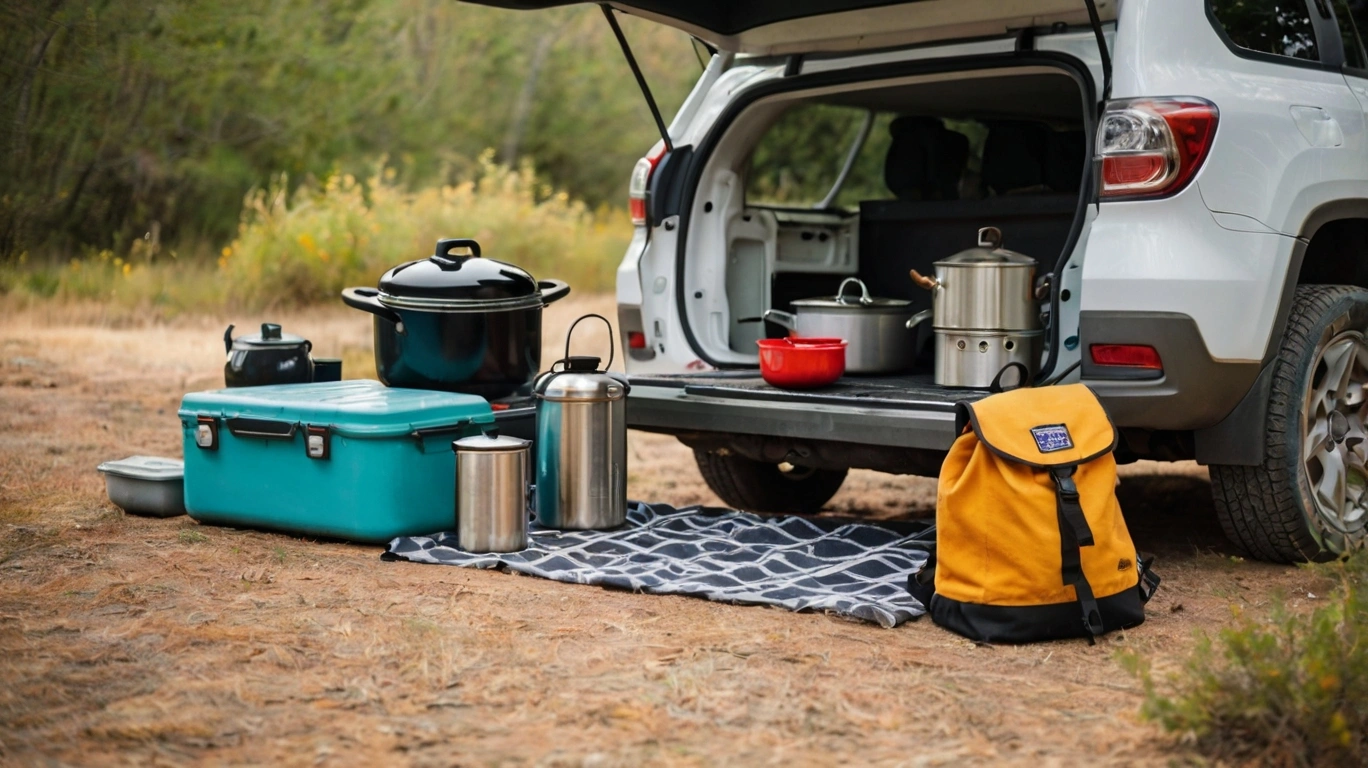 portable stove on a picnic table, tent and car parked nearby