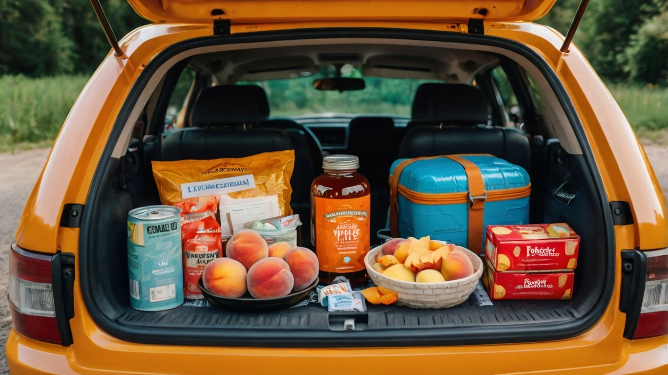 A vibrant, organized car interior scene for road trip