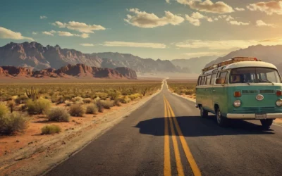 Exciting road trip in an RV, driving through scenic highways with wide-open landscapes, mountains, and rolling fields under a clear sky.