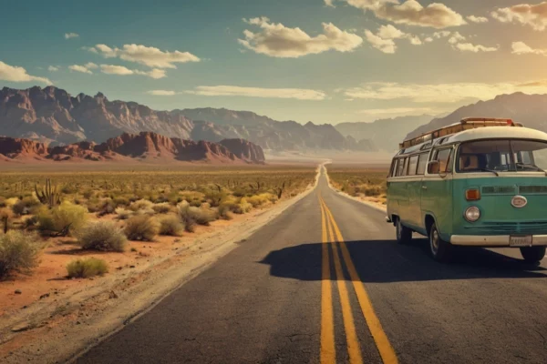 Exciting road trip in an RV, driving through scenic highways with wide-open landscapes, mountains, and rolling fields under a clear sky.