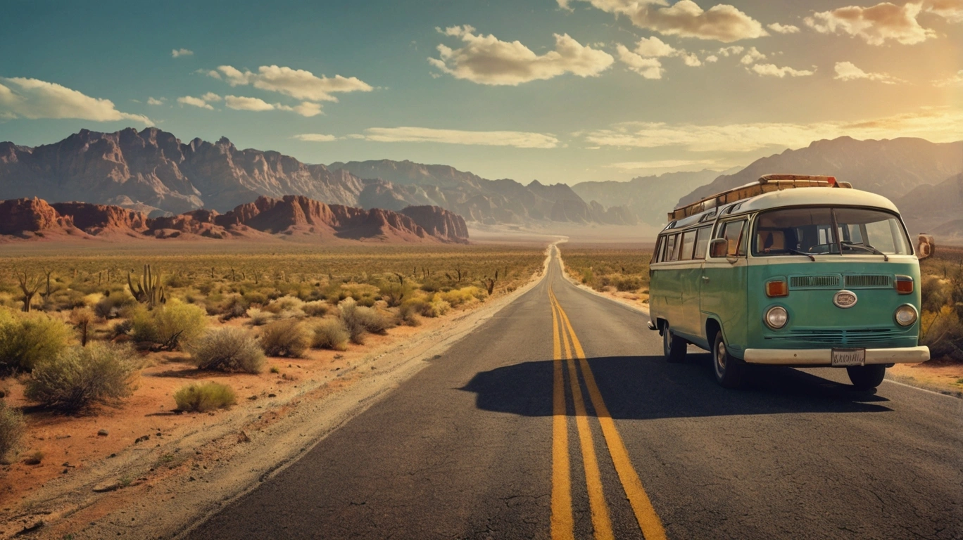 Exciting road trip in an RV, driving through scenic highways with wide-open landscapes, mountains, and rolling fields under a clear sky.