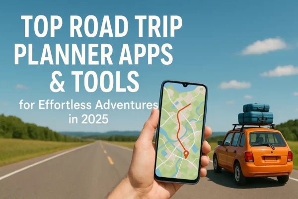 **Alt Text:** A digital promotional image showing a hand holding a smartphone with a navigation map app, alongside an orange retro car with luggage on the roof, parked on an open highway under a blue sky; text reads "Top Road Trip Planner Apps & Tools for Effortless Adventures in 2025."
