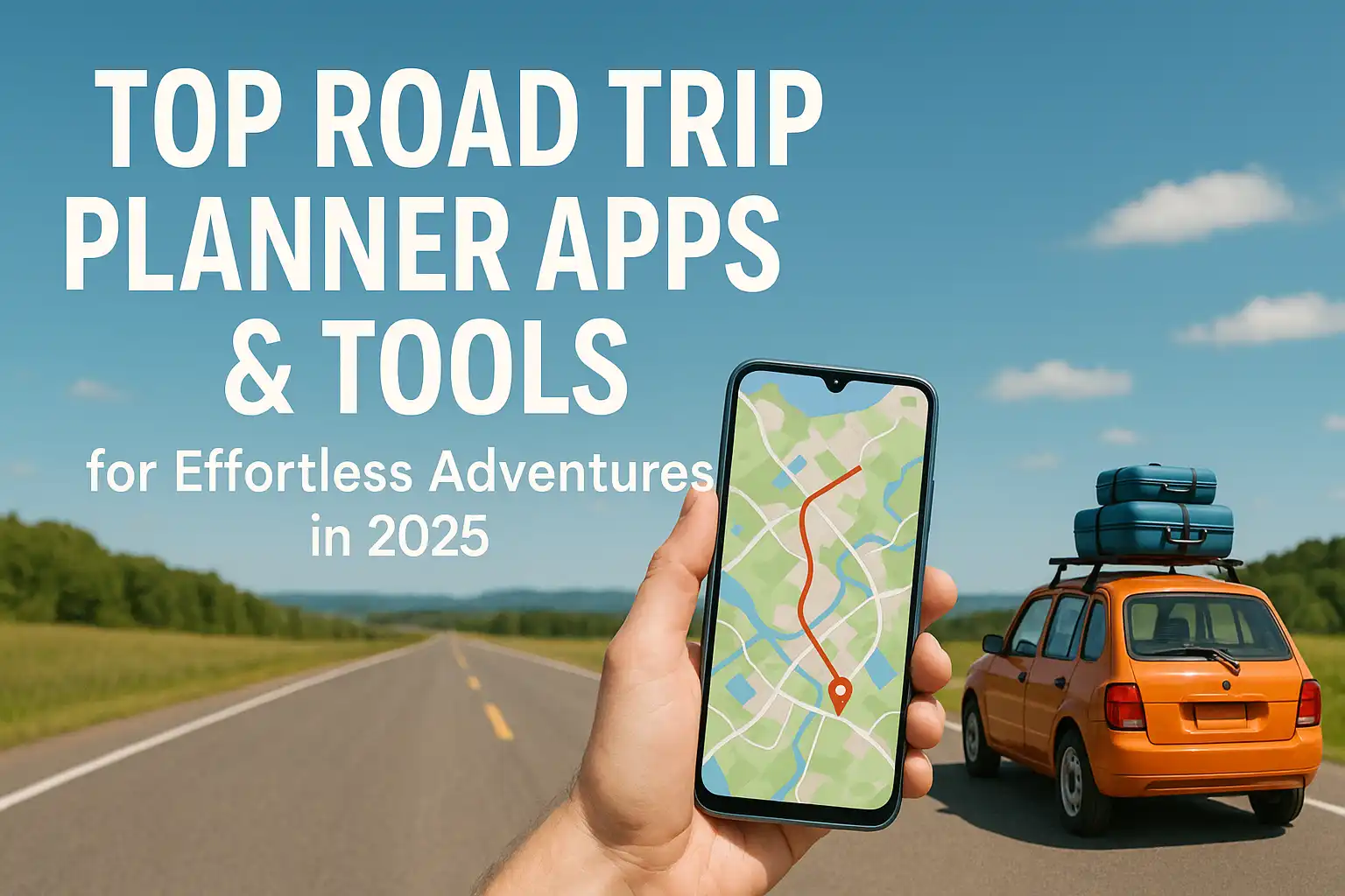 **Alt Text:** A digital promotional image showing a hand holding a smartphone with a navigation map app, alongside an orange retro car with luggage on the roof, parked on an open highway under a blue sky; text reads "Top Road Trip Planner Apps & Tools for Effortless Adventures in 2025."