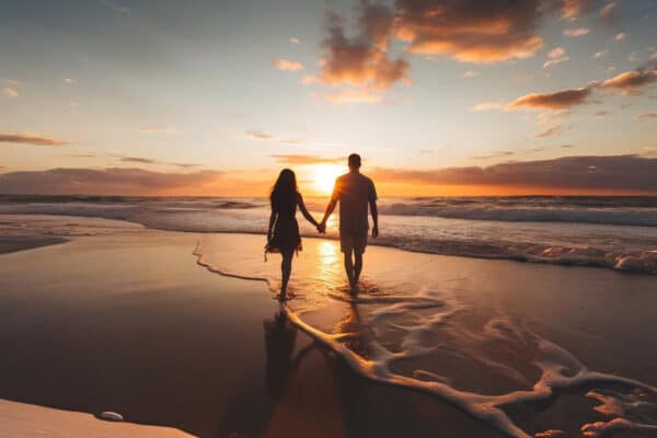 A romantic getaways for couple, they standing hand-in-hand on a scenic cliff overlooking the ocean at sunset, surrounded by lush greenery and a serene atmosphere.