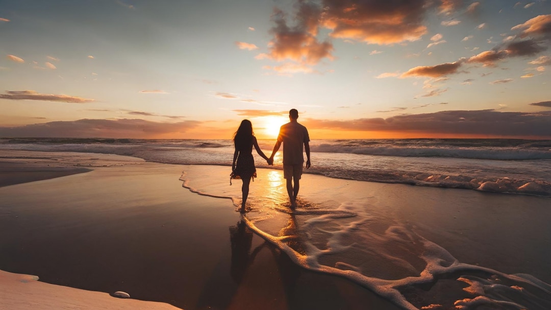 A romantic getaways for couple, they standing hand-in-hand on a scenic cliff overlooking the ocean at sunset, surrounded by lush greenery and a serene atmosphere.