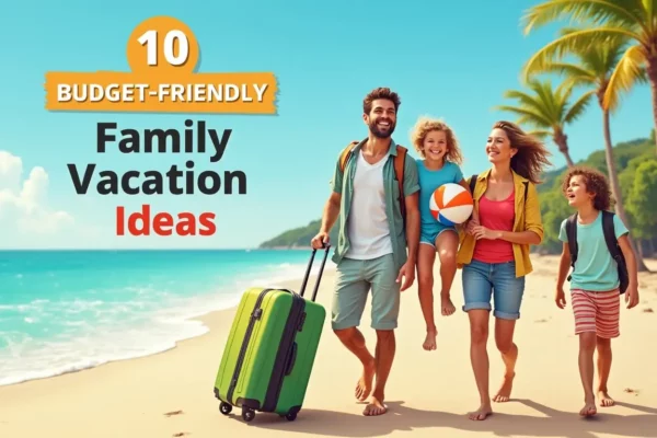 Happy family on a budget-friendly family vacation hiking in the mountains with backpacks and a map on a sunny day.